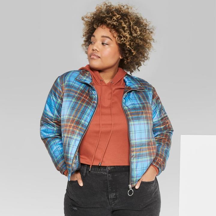 Women's Plus Size Plaid Printed Puffer Jackets - Wild Fable Blue