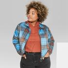 Women's Plus Size Plaid Printed Puffer Jackets - Wild Fable Blue