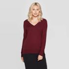 Women's Long Sleeve Ribbed Cuff V-neck Pullover Sweater - A New Day Burgundy (red)