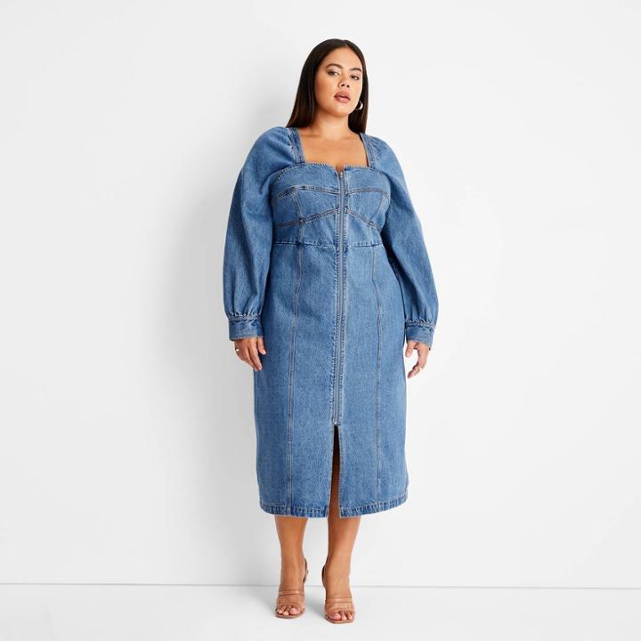 Women's Plus Size Puff Long Sleeve Zip-front Denim A-line Dress - Future Collective With Kahlana Barfield Brown Medium Wash Denim