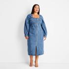Women's Plus Size Puff Long Sleeve Zip-front Denim A-line Dress - Future Collective With Kahlana Barfield Brown Medium Wash Denim