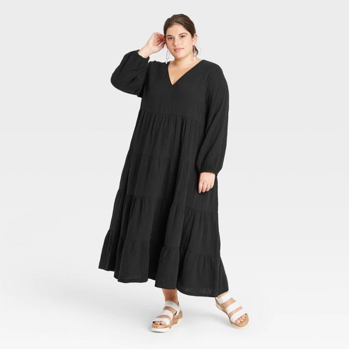 Women's Plus Size Balloon Long Sleeve Tiered Dress - Universal Thread Black