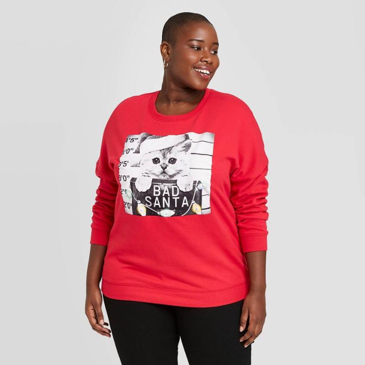 Zoe+liv Women's Bad Santa Plus Size Kitty Graphic Sweatshirt - Red Brick