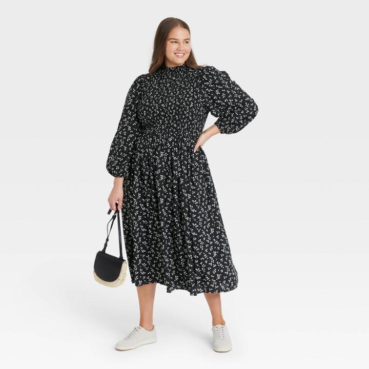 Women's Plus Size Long Sleeve Smocked Bodice Dress - A New Day Black Dot Print