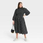 Women's Plus Size Long Sleeve Smocked Bodice Dress - A New Day Black Dot Print