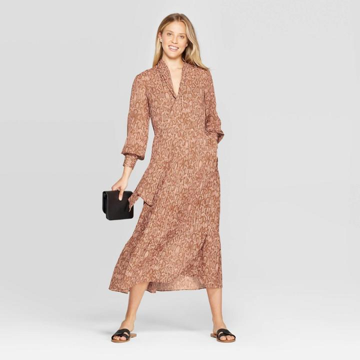 Women's Floral Print Long Sleeve V-neck Pleated Midi Dress - A New Day Tan L, Women's, Size: