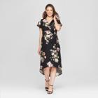 Maternity Striped Floral Print Short Sleeve V-neck High Low Maxi Dress - Macherie - Black