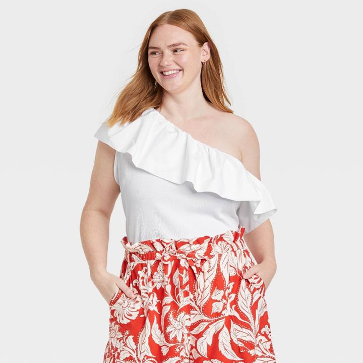 Women's Plus Size Ruffle Elbow Sleeve One Shoulder Blouse - Who What Wear White
