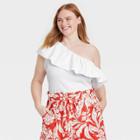 Women's Plus Size Ruffle Elbow Sleeve One Shoulder Blouse - Who What Wear White