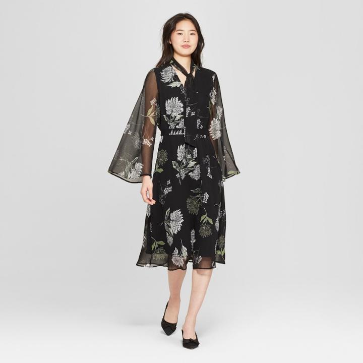 Women's Floral Print Long Sleeve Tie Neck Midi Dress - Who What Wear Black/green Xs, Black/green Floral