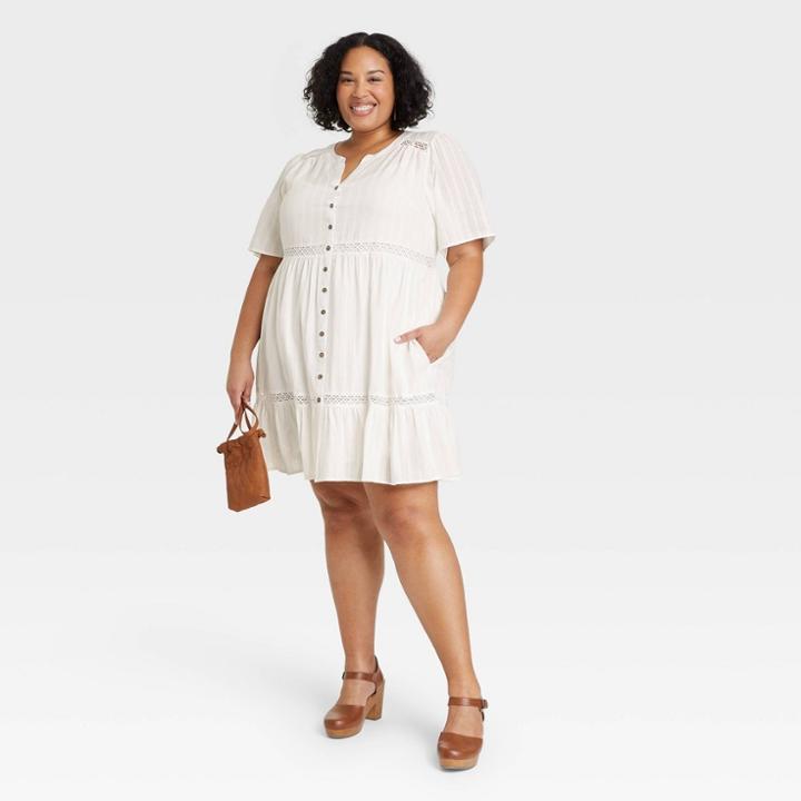 Women's Plus Size Short Sleeve Lattice Detail Dress - Knox Rose White