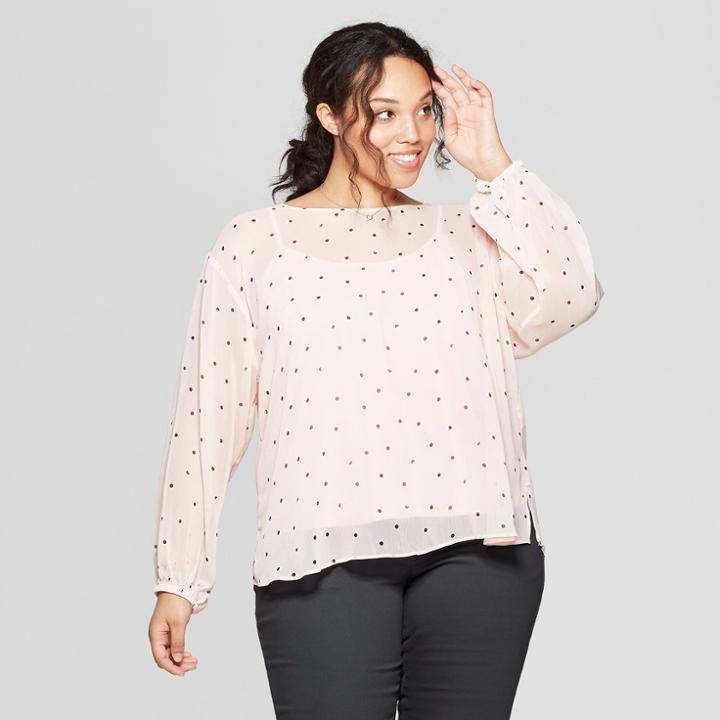Women's Plus Size Long Sleeve Crew Neck Chiffon Blouse - Ava & Viv Pink X