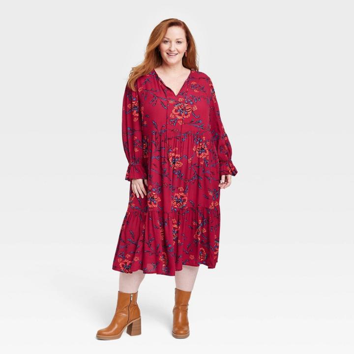 Women's Plus Size Long Sleeve Embroidered A-line Dress - Knox Rose Ruby Red Floral