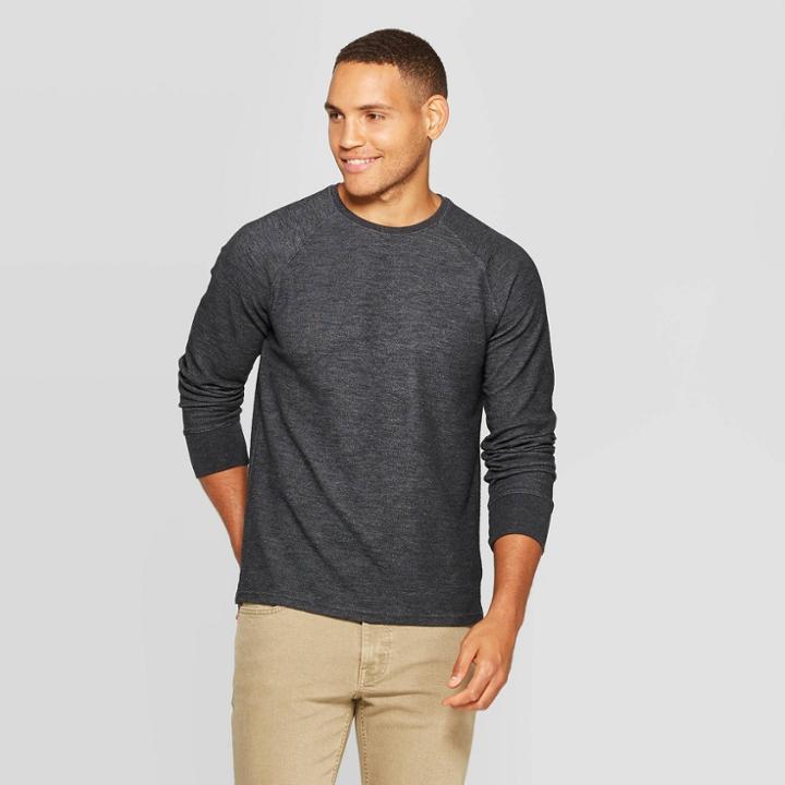 Men's Standard Fit Long Sleeve Textured Crew Neck Shirt - Goodfellow & Co Thundering Gray M,