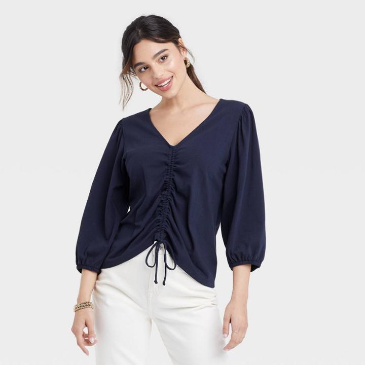 Women's Puff 3/4 Sleeve V-neck Front Ruched Top - A New Day Navy Blue