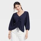 Women's Puff 3/4 Sleeve V-neck Front Ruched Top - A New Day Navy Blue