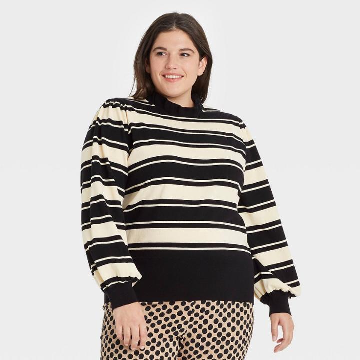 Women's Plus Size Striped High Neck Pullover Sweater - Who What Wear Black