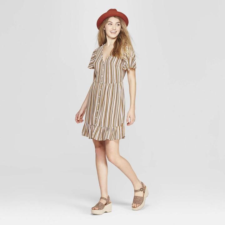 Women's Striped Short Sleeve Button Front Dress - Xhilaration Gold