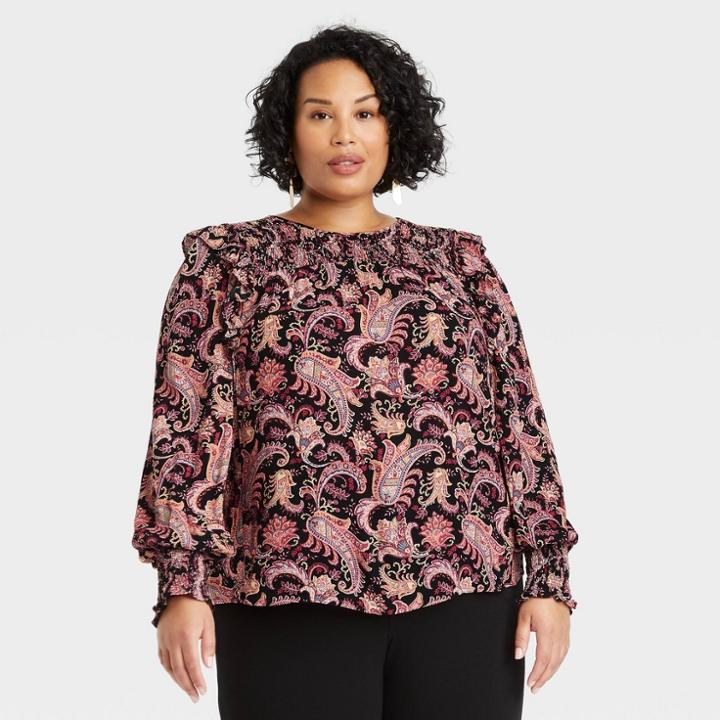 Women's Plus Size Ruffle Long Sleeve Smocked Blouse - Knox Rose Black Jacquard