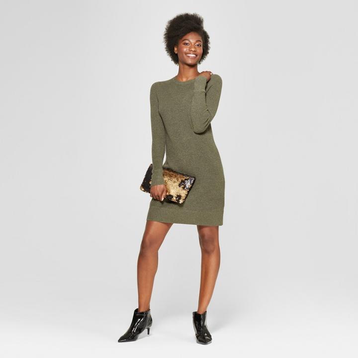 Women's Long Sleeve Crew Neck Sweater Dress - A New Day Olive (green)