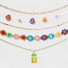 Heishi Bead Cord Flower Charm Choker Necklace Set 5pc - Wild Fable , Gold/green/red