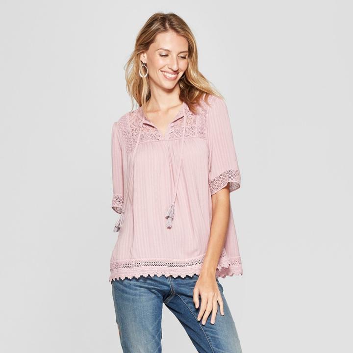 Women's Short Sleeve Crochet Trim Peasant Top - Knox Rose Pink