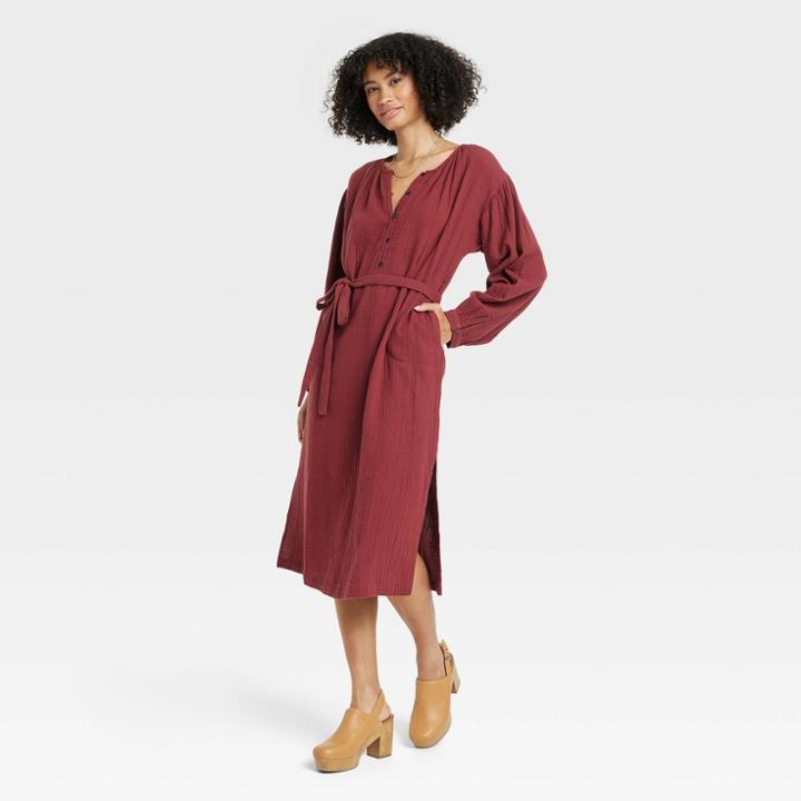 Women's Balloon Long Sleeve Tie-front Shirtdress - Universal Thread Burgundy