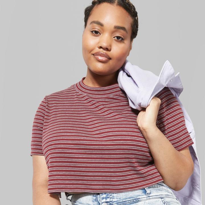 Women's Plus Size Striped Cropped Boxy Short Sleeve T-shirt - Wild Fable Burgundy/gray