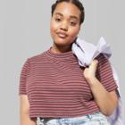 Women's Plus Size Striped Cropped Boxy Short Sleeve T-shirt - Wild Fable Burgundy/gray