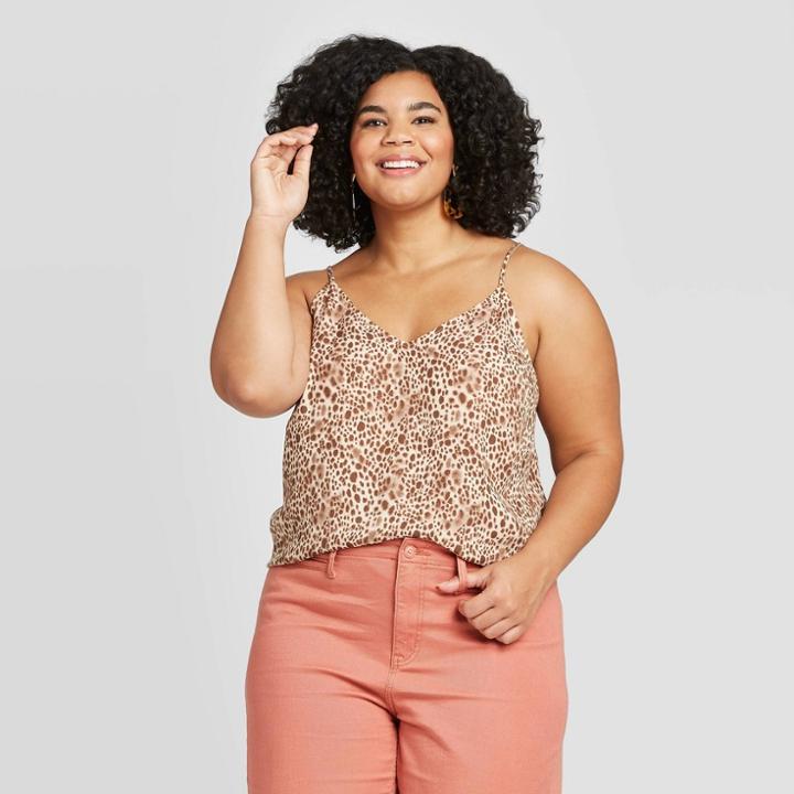Women's Plus Size Leopard Print V-neck Essential Woven Cami - A New Day Brown 1x, Women's,