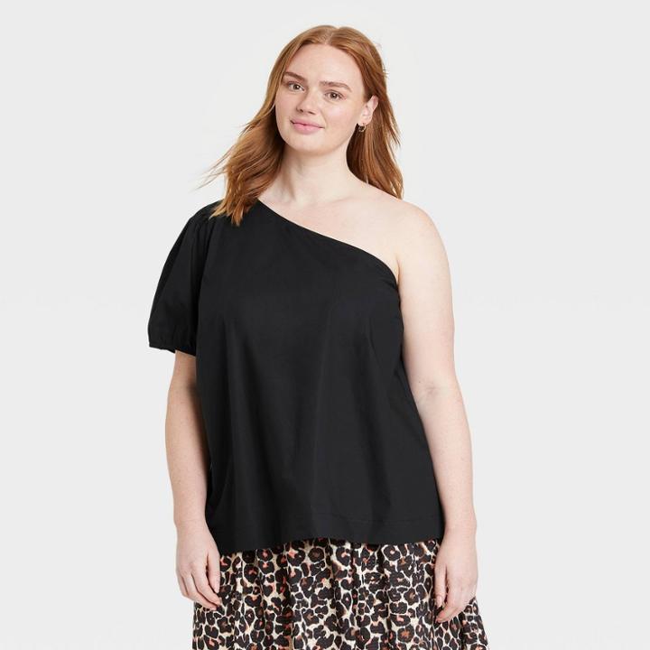 Women's Plus Size Puff Short Sleeve One Shoulder Top - Who What Wear Jet Black