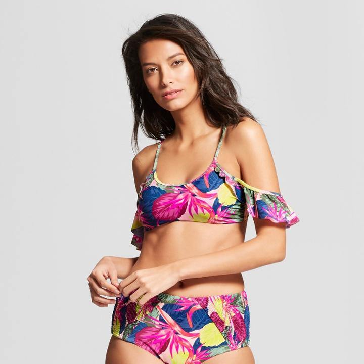 Tori Praver Seafoam Women's Floral Print Tropical Off The Shoulder Bikini Top - Electric Plum/faded Army