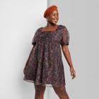 Women's Plus Size Floral Print Short Sleeve Organza Muse Dress - Wild Fable Black