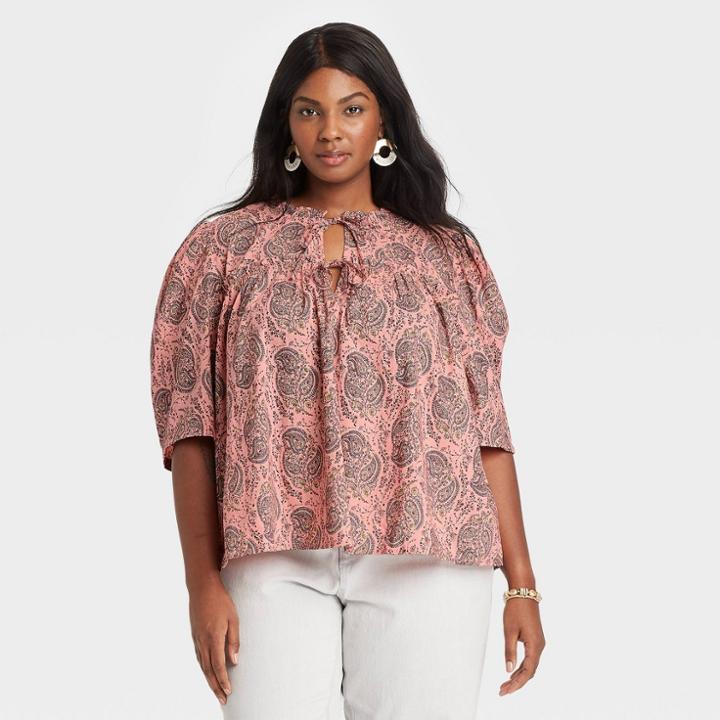 Women's Plus Size Puff Short Sleeve Tie Neck Blouse - Universal Thread Pink Paisley