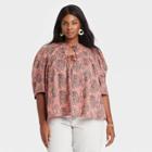 Women's Plus Size Puff Short Sleeve Tie Neck Blouse - Universal Thread Pink Paisley