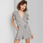 Women's Floral Print Short Sleeve Wrap Romper - Wild Fable Gray