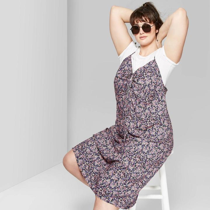 Women's Plus Size Floral Print Strappy Cinched Front Midi Slip Dress - Wild Fable Black/pink