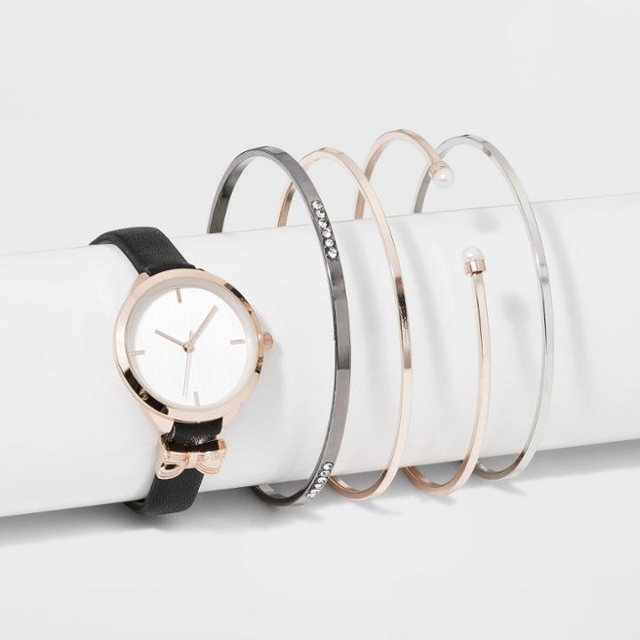 Women's Bracelet Set Watch - A New Day Black/rose,