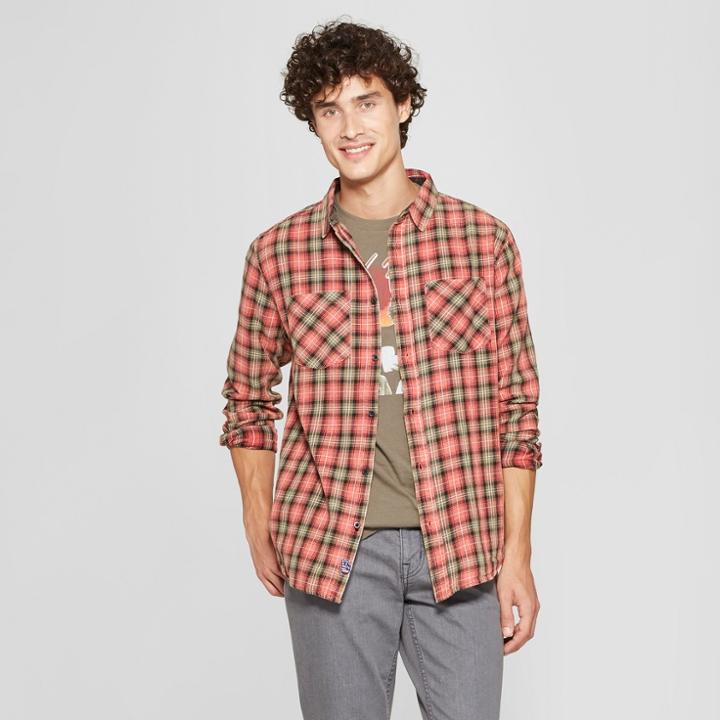 Junk Food Men's Plaid Rock & Roll Flannel Long Sleeve Button-down Shirt - Red