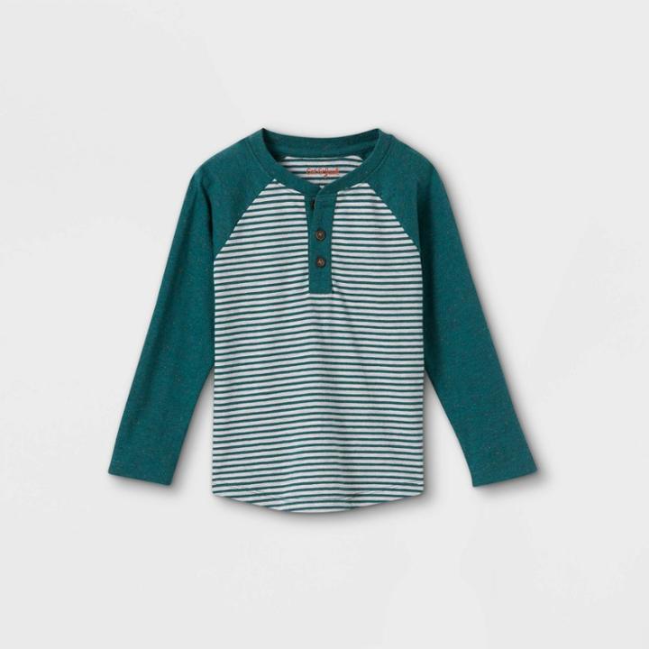 Toddler Boys' Striped Henley Long Sleeve T-shirt - Cat & Jack Green