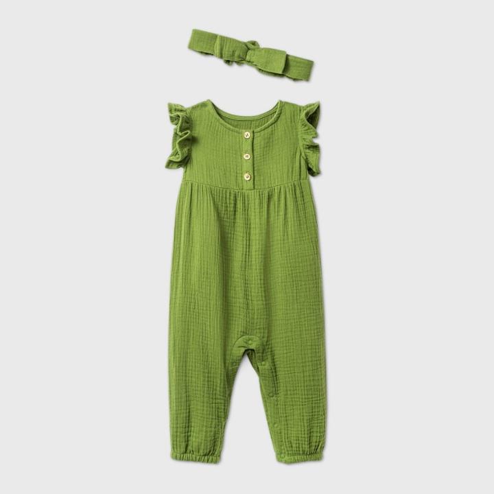 Baby Girls' Gauze Romper With Headband - Cat & Jack Olive Newborn, Green