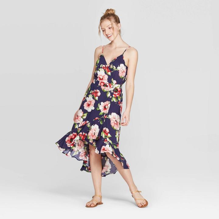 Women's Floral Print Deep V-neck Strappy Button Front High-low Hem Midi Dress - Xhilaration Navy (blue)