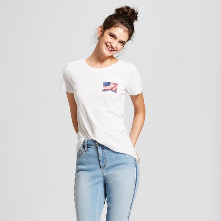 Women's New York Usa Flag Short Sleeve Crew Neck T-shirt - Awake - White