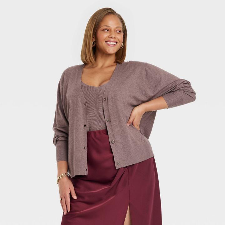 Women's Plus Size Fine Gauge Ribbed Cardigan - A New Day Dark Brown