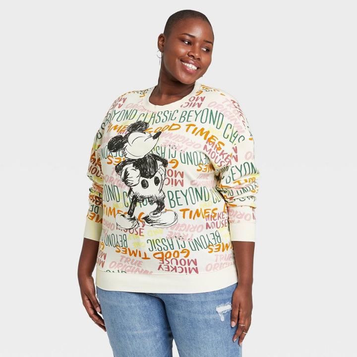 Women's Disney Mickey Mouse Plus Size Graffiti Graphic Sweatshirt - Ivory