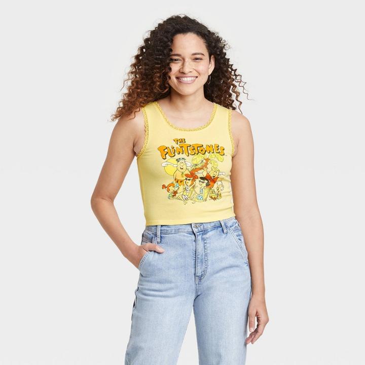 Women's The Flintstones Cropped Graphic Tank Top - Yellow