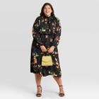 Women's Plus Size Floral Print Long Sleeve Smocked Dress - A New Day Black