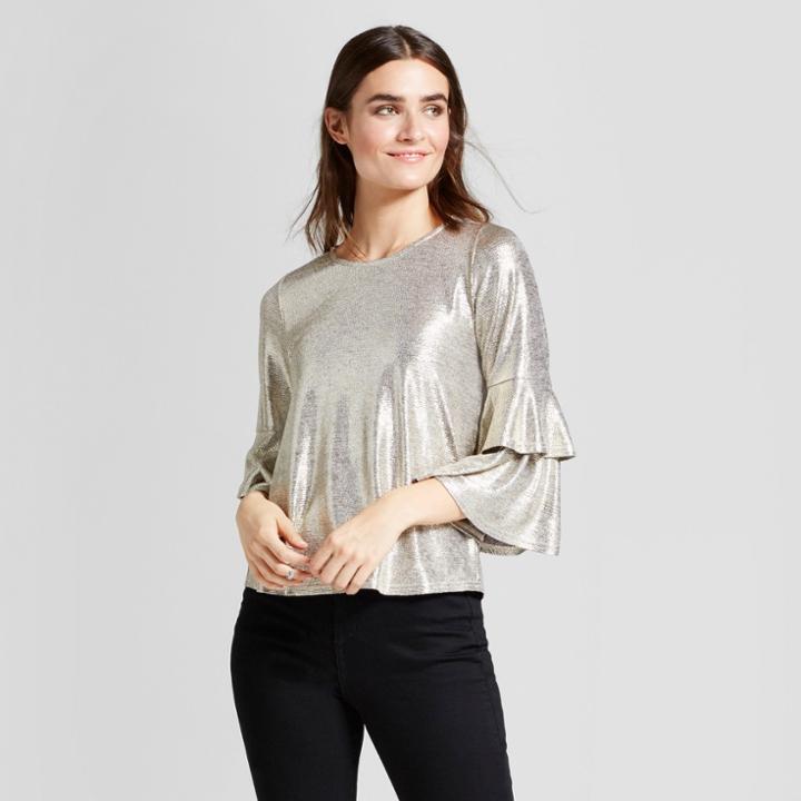 Eclair Women's Foil Sparkle Ruffle Bell Sleeve Blouse - Clair Gold