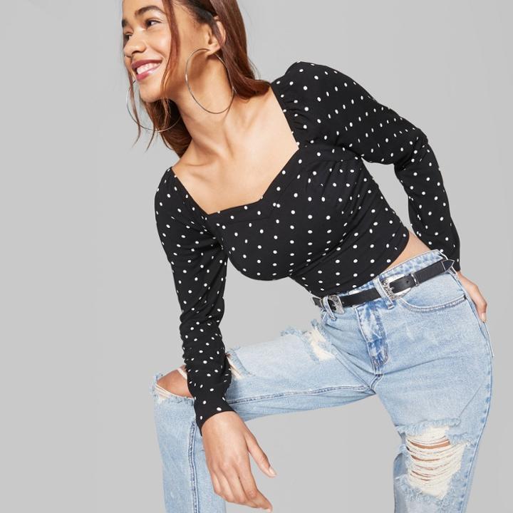 Women's Polka Dot Long Sleeve Sweetheart Neckline Woven Top - Wild Fable Black