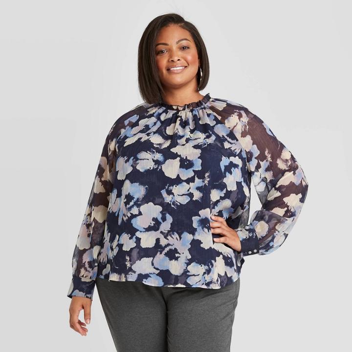 Women's Plus Size Floral Print Long Sleeve Ruffle Blouse - Ava & Viv Xavier Navy X, Xavier Blue